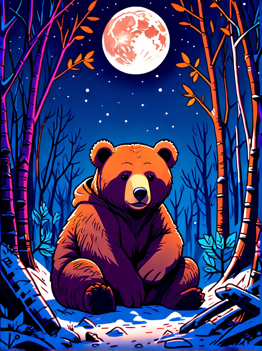 snowy jungle，night，moon，Cute hibernating brown bear，((lair:1.5))，Dead branches，Leaves, graffiti in the style of Keith Haring,sharpie illustration, Bold lines and solid colors, Simple details, minimalist，\(qline\)