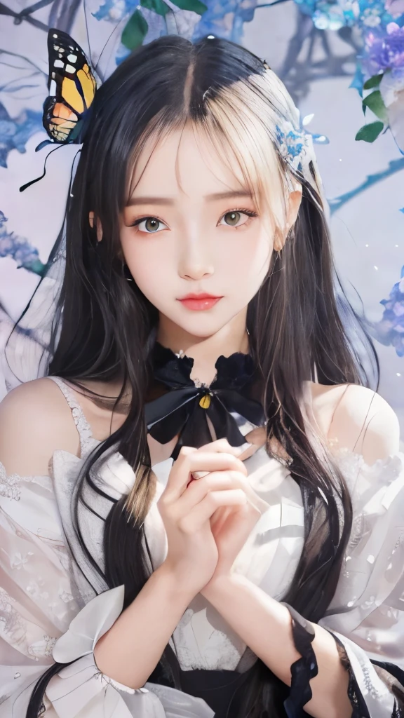 menina anime com flores nas mãos e uma borboleta na mão, Guweiz, artwork in the style of Guweiz, anime etéreo, anime psicodélico sonhador, Hanyamata, soft ilustração de anime, visual de anime de uma jovem, visual de anime de uma linda garota, lindas obras de anime, digital ilustração de anime, ilustração de anime, Guweiz masterpiece，cabelo preto longo e liso，seção de cabelo de borboleta，cabelo preto comprido，enfeites de cabelo de borboleta，cabelo preto comprido，cabelo preto comprido，enfeites de cabelo de borboleta，cabelo preto longo e liso，cabelo preto longo e liso，Decoração de cabelo com laço de borboleta