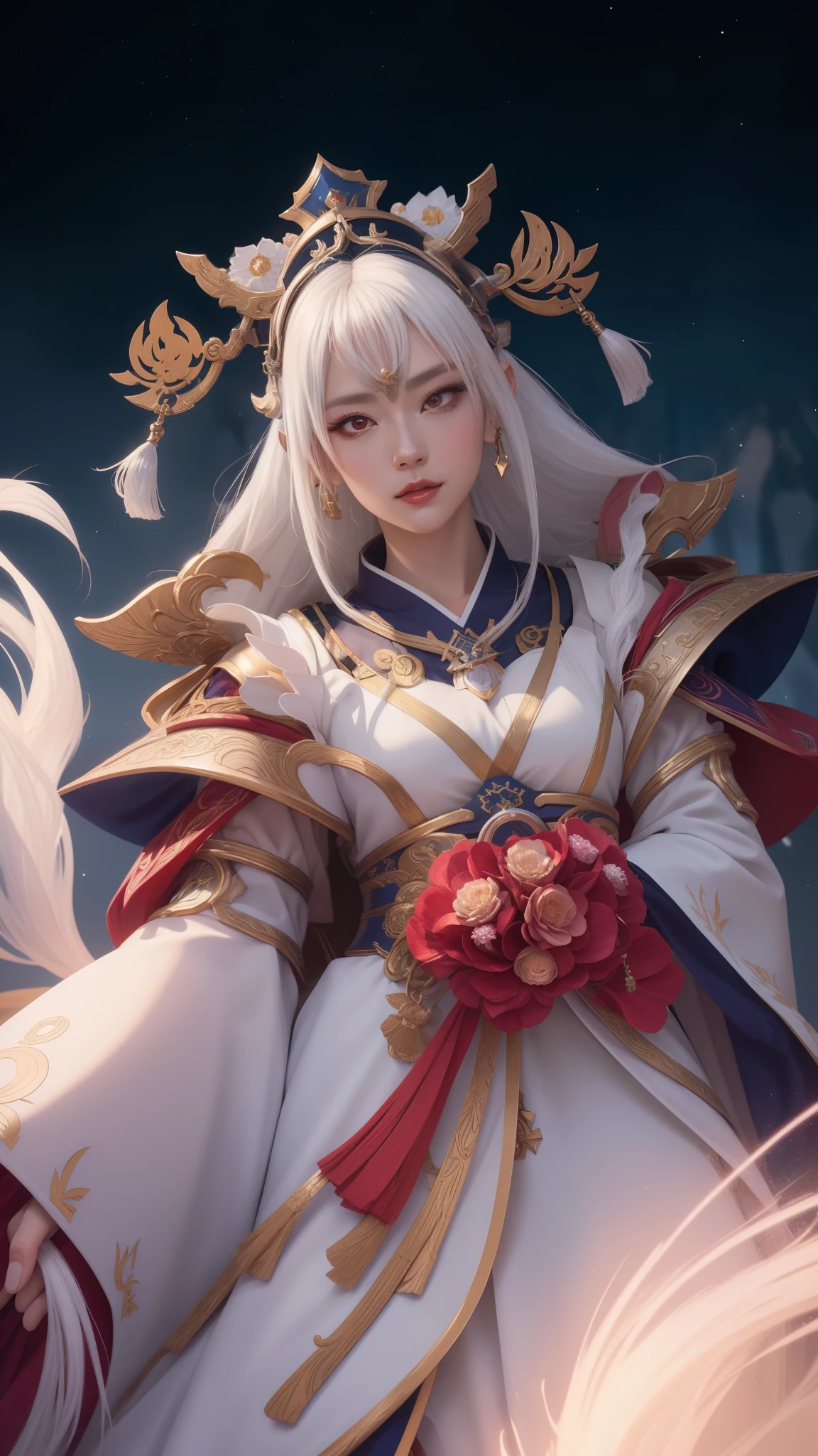 a close up of a woman in a costume, onmyoji detailed art, onmyoji portrait, white haired deity, onmyoji, heise jinyao, beautiful celestial mage, portrait knights of zodiac girl, astri lohne, portrait of a female mage, ne zha from smite, inspired by Ju Lian, inspired by Lan Ying