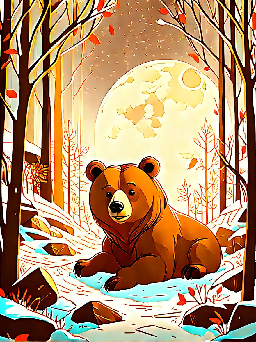 snowy jungle，night，moon，((Cute hibernating brown bear den:1.8))，((animal lair:1.8))，Dead branches，Leaves, graffiti in the style ...