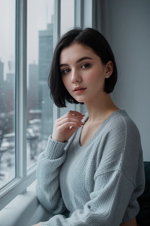 (Best quality, a high resolution:1.2),full length, beautiful figure, close-up portrait,Winter city from the window,Instagram style photo,21 year old Russian girl,short hair,Black hair, Loungewear, mother, Split Lighting,pale skin,high contrast,Shades of Gray,soft focus,Icy blue shades,Cold atmosphere