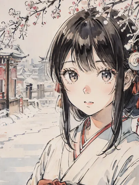A girl in a kimono in a snowy town、Pure white scenery、Asakusa、black hair、Japanese style painting、Downtown Kyoto、close up of face