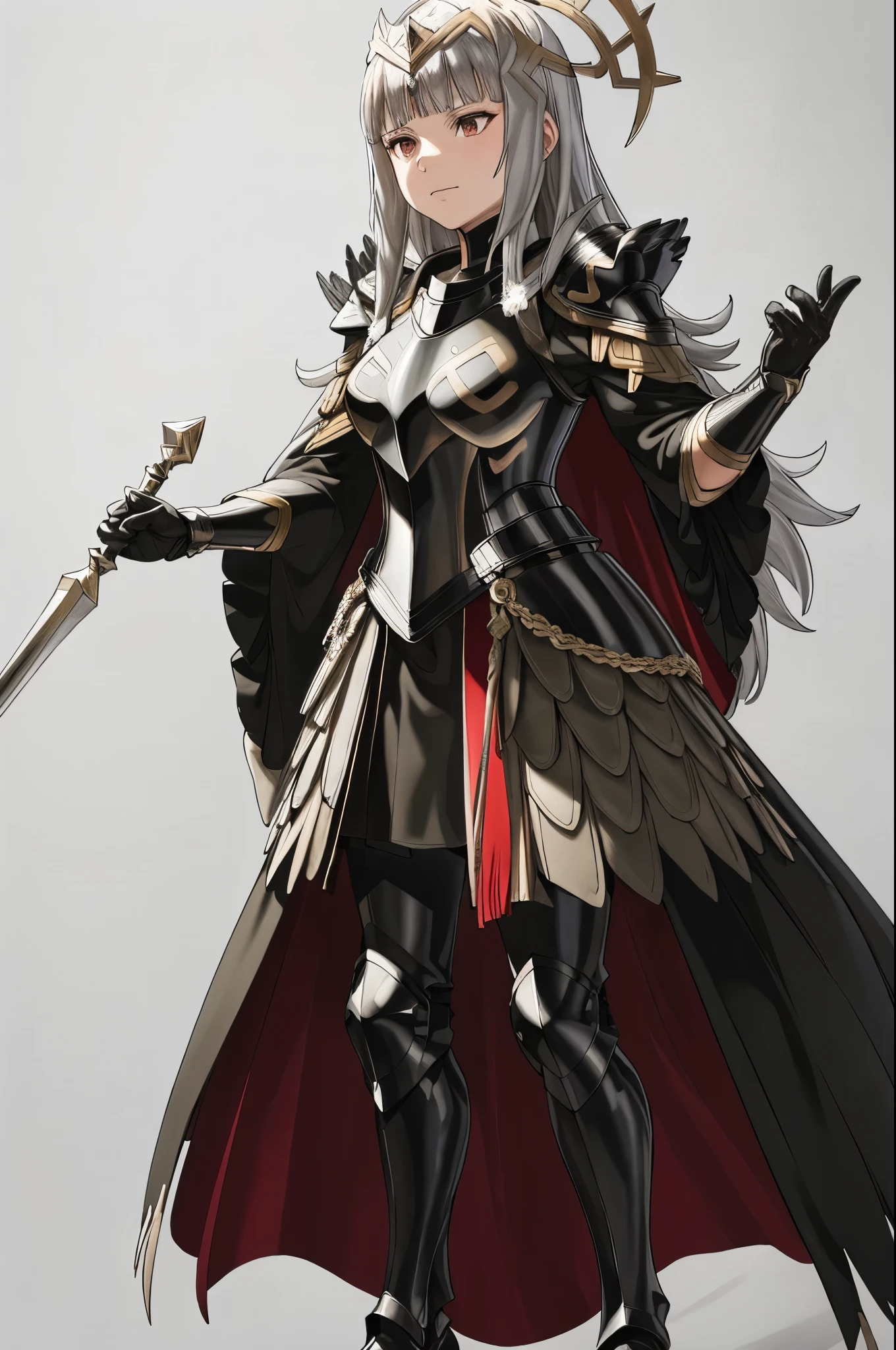 holding staff,bra_veronica, armor,black armor, feathers,cape, closed mouth, black gloves,  shoulder armor, breastplate, high heels, armored boots, black long sleeves, feather trim, white wide sleeves, gauntlets, , black dress, thighhighs, red pantyhose, greaves, black skirt, outdoors,(masterpiece, best quality, ultra-detailed, best shadow)