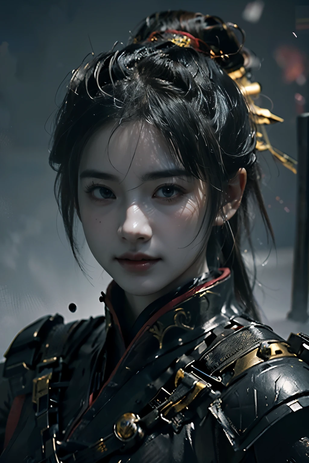 Game art，The best picture quality，Highest resolution，8k，(A bust photograph)，(Portrait from bust:1.5)，(Head close-up)，(Rule of thirds)，Unreal Engine 5 rendering works， (The Girl of the Future)，(Female Warrior)， 
20-year-old girl，(The warrior in ancient China)，(Short ponytail hairstyle)，An eye rich in detail，(Big breasts)，Elegant and noble，indifferent，(Smile)，
(The costume of Chinese swordsman elements，Costumes of ancient Chinese characters，Armor，The costume is red and gold，Heavy armour，Joint Armor)，(Chinese Hanfu:1.3)，figure，Fantasy style，
Photo poses，Field background，Movie lights，Ray tracing，Game CG，((3D Unreal Engine))，oc rendering reflection pattern