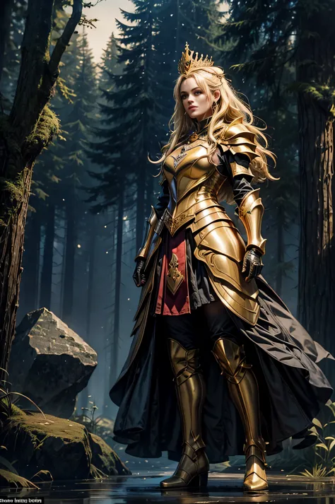 full body shot A princess, gold, wearing knight, armor, knight, boots, a beautiful serious aristocratic, crown on his, forest on...