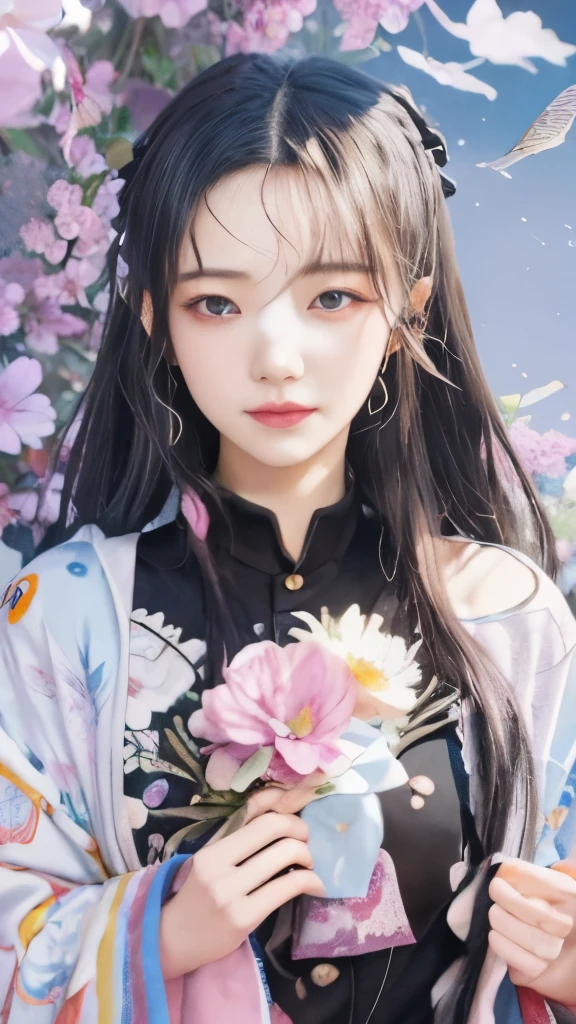 anime girl with flowers in her hands and a butterfly in her hand, guweiz, artwork in the style of guweiz, ethereal anime, dreamy psychedelic anime, hanayamata, soft anime illustration, anime visual of a young woman, anime visual of a cute girl, beautiful anime artwork, digital anime illustration, anime illustration, guweiz masterpiece，黑色长头发，蝴蝶香奈惠Kochou Kanae，黑色长头发，黑色长头发，黑色长头发，