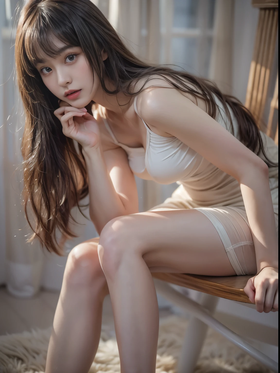 Arafed asian woman in a white top and tan panties sitting on a wooden bench  - SeaArt AI