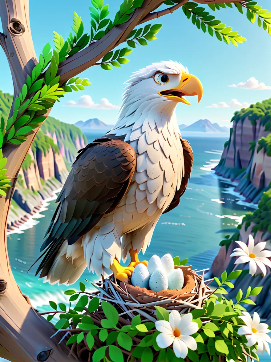 Pixar animation style, Cliffs by the sea，Cute bald eagle，((Sophisticated and beautiful nest:1.5))，branches，green leaves，Colorful...