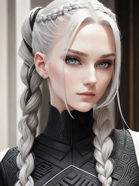 Портрет. Cassandra is a tall young woman with pale skin., gray eyes and white wavy hair with gray streaks, braided into a high p...