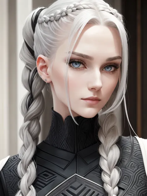 портрет. cassandra is a tall young woman with pale skin., gray eyes and white wavy hair with gray streaks, braided into a high p...