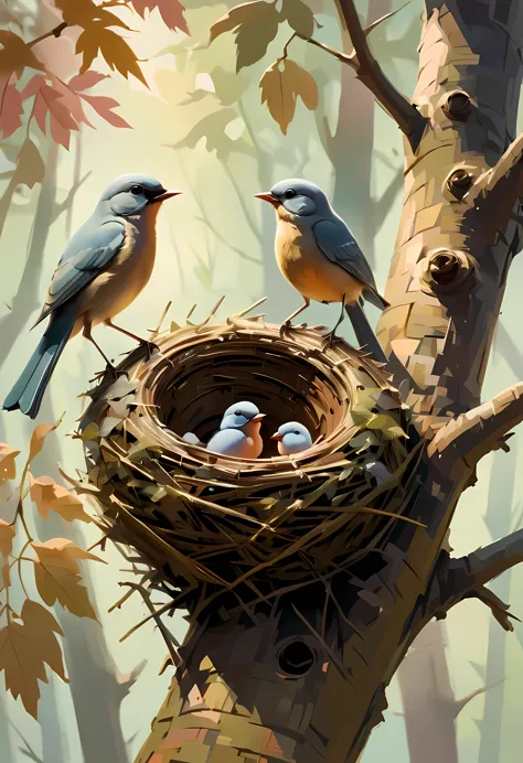 ((nature_painting:)1.5), ((soft_color_tones):1.4), ((lively forest background):1.3), ((soft color baby birds):1.4)),((bird eye v...