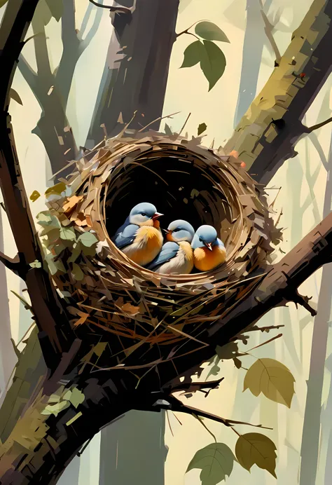 ((nature_painting:)1.5), ((soft_color_tones):1.4), ((lively forest background):1.3), ((soft color baby birds):1.4)),((bird eye v...