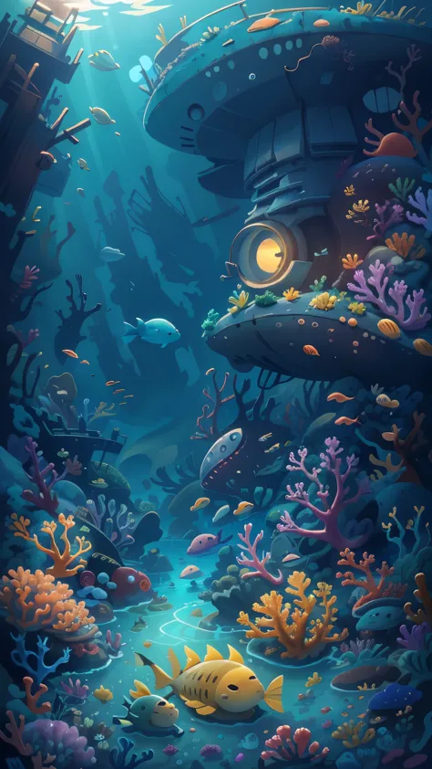 Undersea scene，dappled sunshine，Cool colors，shipwreck，coral，marine life，Pixar style, best quality, masterpiece，Ultra-detailed，De...