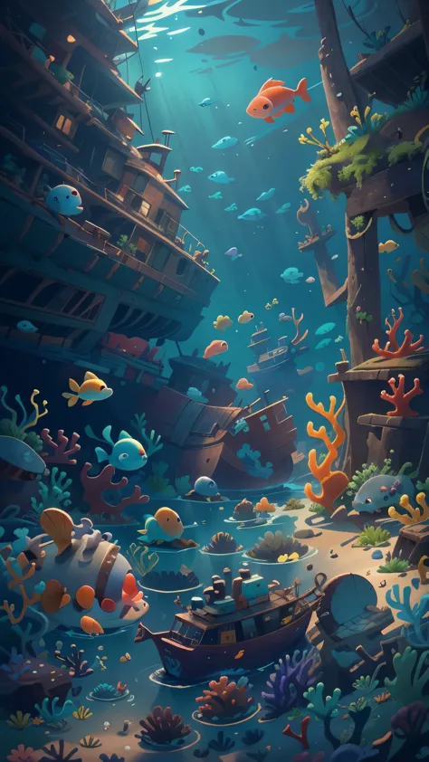 Undersea scene，dappled sunshine，Cool colors，Uniform color，shipwreck，coral，marine life，Pixar style, best quality, masterpiece，Ult...