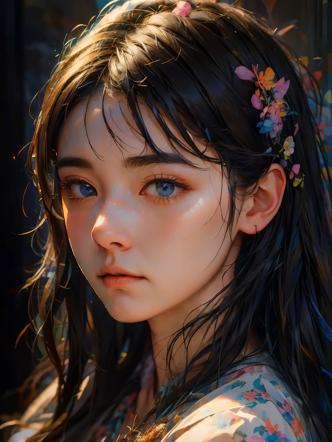 (Realista,chica con estampado floral de colores,Apariencia intimidante,calidad épica,tendencia en artstation,muy detallado,Profesional,Retrato,iluminación de estudio,colores vívidos,enfoque nítido)