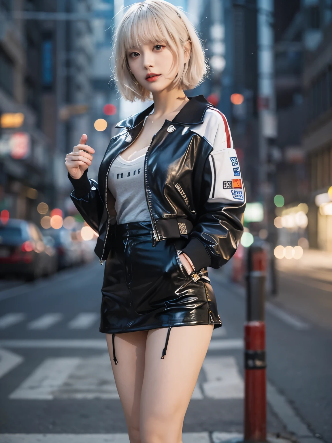 wearing  leather track jacket, wearing long skirt, kawaii, Bewitching eyes, well-balanced eyes, //street snap //fashion model posing, ((facing viewer)), //at the street, //japanese lady, pale skin, //short hair, //((standing)), high quality:1.3, Professional lighting:2.0 realistic:1.2, 4k resolution, detailed skin, masterpiece:1.1, big breasts, cleavage, fullbody,