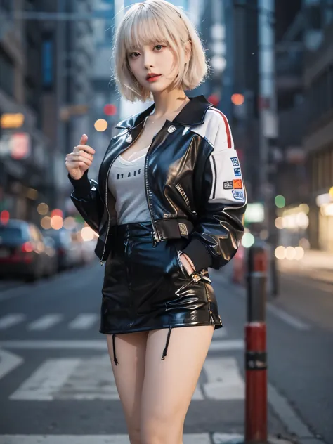wearing  leather track jacket, wearing long skirt, kawaii, Bewitching eyes, well-balanced eyes, //street snap //fashion model po...