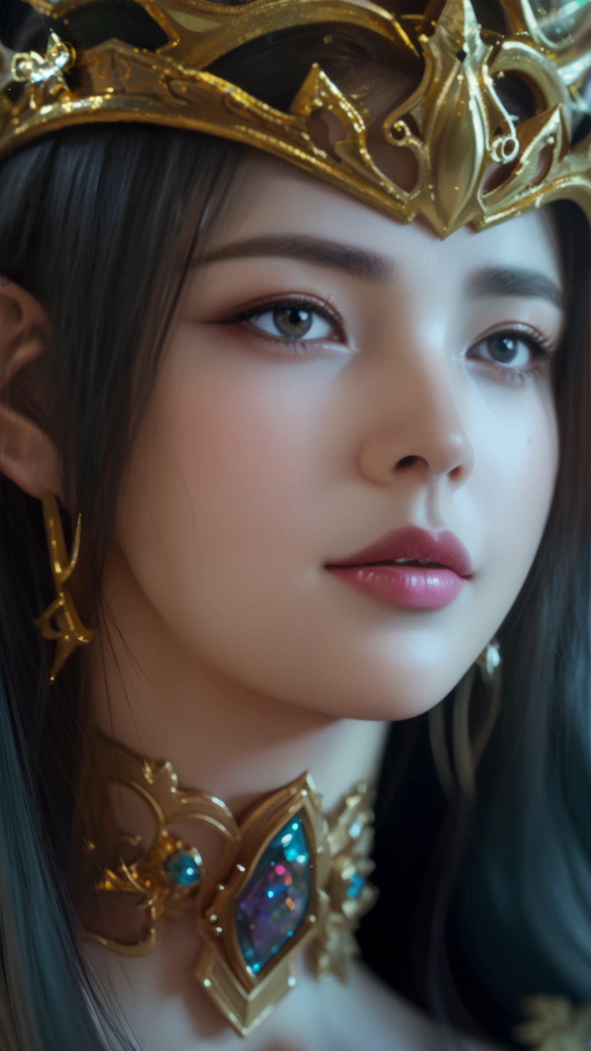 a close up of a woman with a gold crown on her head, she has elf ears and gold eyes, beautiful character painting, cinematic goddess close shot, hyper realistic anime, 3 d anime realistic, anime realism style, 8k artgerm bokeh, stunning anime face portrait, elven character with smirk, realistic anime 3 d style, anime realism