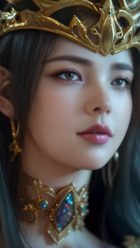 a close up of a woman with a gold crown on her head, she has elf ears and gold eyes, beautiful character painting, cinematic god...