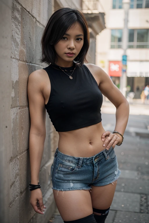 Dslr photo, (8k, 4k, masterpiece),beautiful pretty filipina asian woman, (punk), (edgy), outdoors, street, sleeveless black sleeveless cropped shirt, torn sleeves, denim shorts, short dark hair, bracelets, arm bands, blurry background, (hands on hips), (elbows out), boots, full subject in frame, full body view, slim body, muscular female, leaning against wall, tough