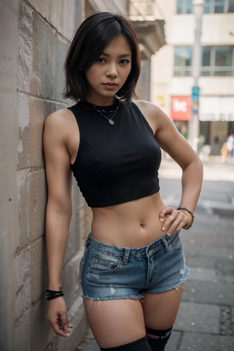 dslr photo, (8k, 4k, masterpiece),beautiful pretty filipina asian woman, (punk), (edgy), outdoors, street, sleeveless black slee...