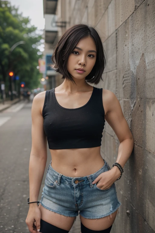 Dslr photo, (8k, 4k, masterpiece),beautiful pretty filipina asian woman, (punk), (edgy), outdoors, street, sleeveless black sleeveless cropped shirt, torn sleeves, denim shorts, short dark hair, bracelets, arm bands, blurry background, (hands on hips), (elbows out), boots, full subject in frame, full body view, slim body, muscular female, leaning against wall, tough