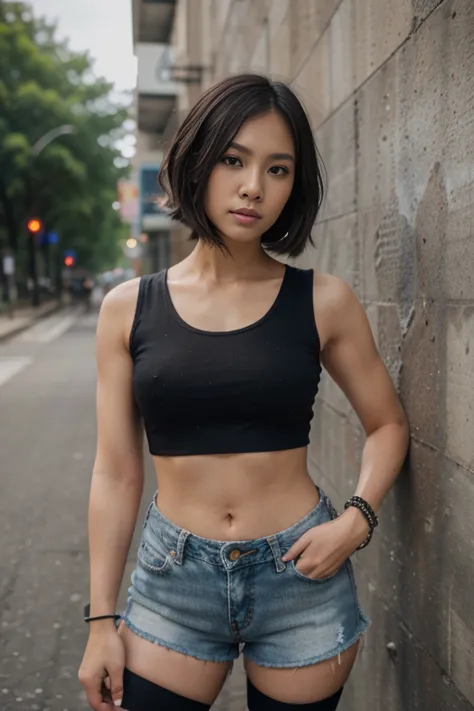Dslr photo, (8k, 4k, masterpiece),beautiful pretty filipina asian woman, (punk), (edgy), outdoors, street, sleeveless black slee...