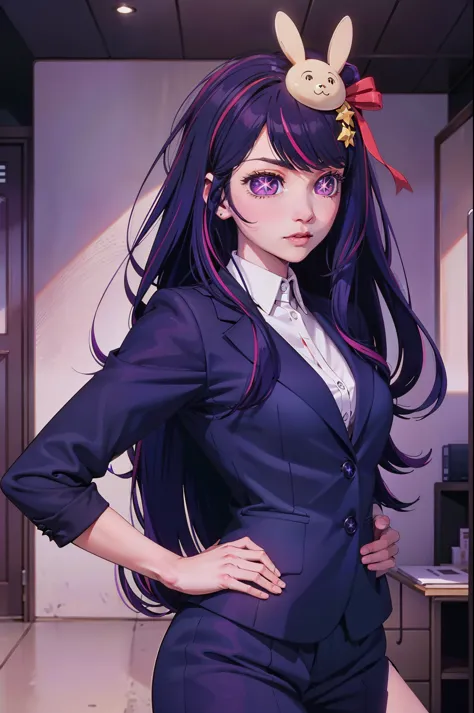 Hoshino Ai, long hair, purple hair, streaked hair ,purple eyes, star-shaped pupils, hair ornament, Business Suit