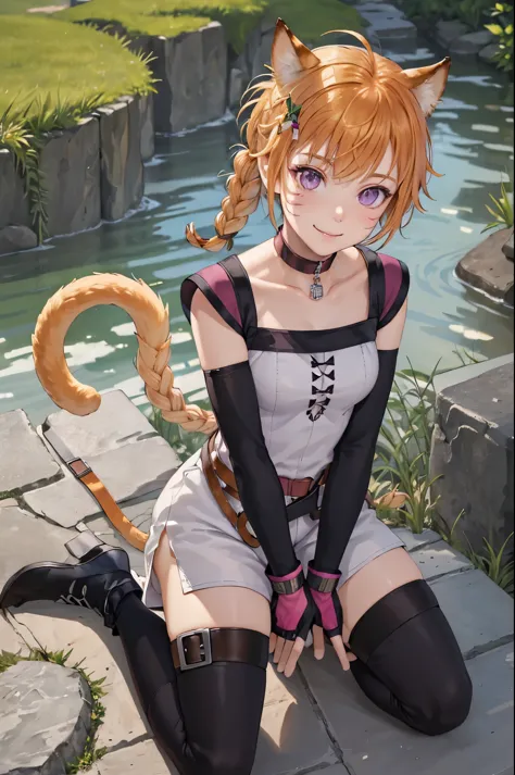 masterpiece,best quality,  def_lyre,white shorts, catpaw hand pose, single braid, facial mark,side slit shorts, cat tail, gloves...