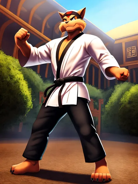 Barefoot Jason Clawson is doing a kick with his leg, wearing black karate kimono with red belt, red Headband bandana, long pants with heel grip, long karate kimono pants, training karate in gym, green glow in his eyes, brainwashed look. high resolution, an...