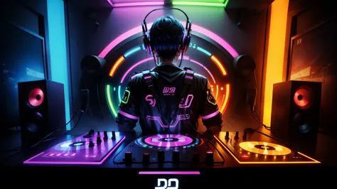 DJ Boy DJ Controller com Neon, Super vibrant music lights. Behind him are TV screens