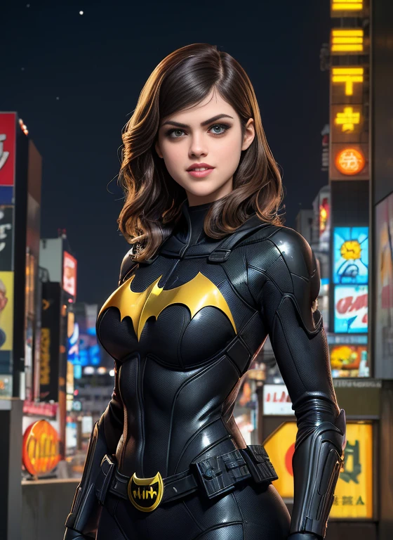 (Masterpiece artwork, best qualityer), 1girl, 独奏, Alexandra Daddario, batgirl terno, Bblack hair, eyes browns, ssmile,
akihabara, of the dead, natta, From  above, Standing roof, neon sign, Game Center,