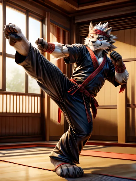 barefoot tadatomo, practising in dojo, black ninja outfit, red headband bandana, long pants with heel grip, nice big feet paws, ...