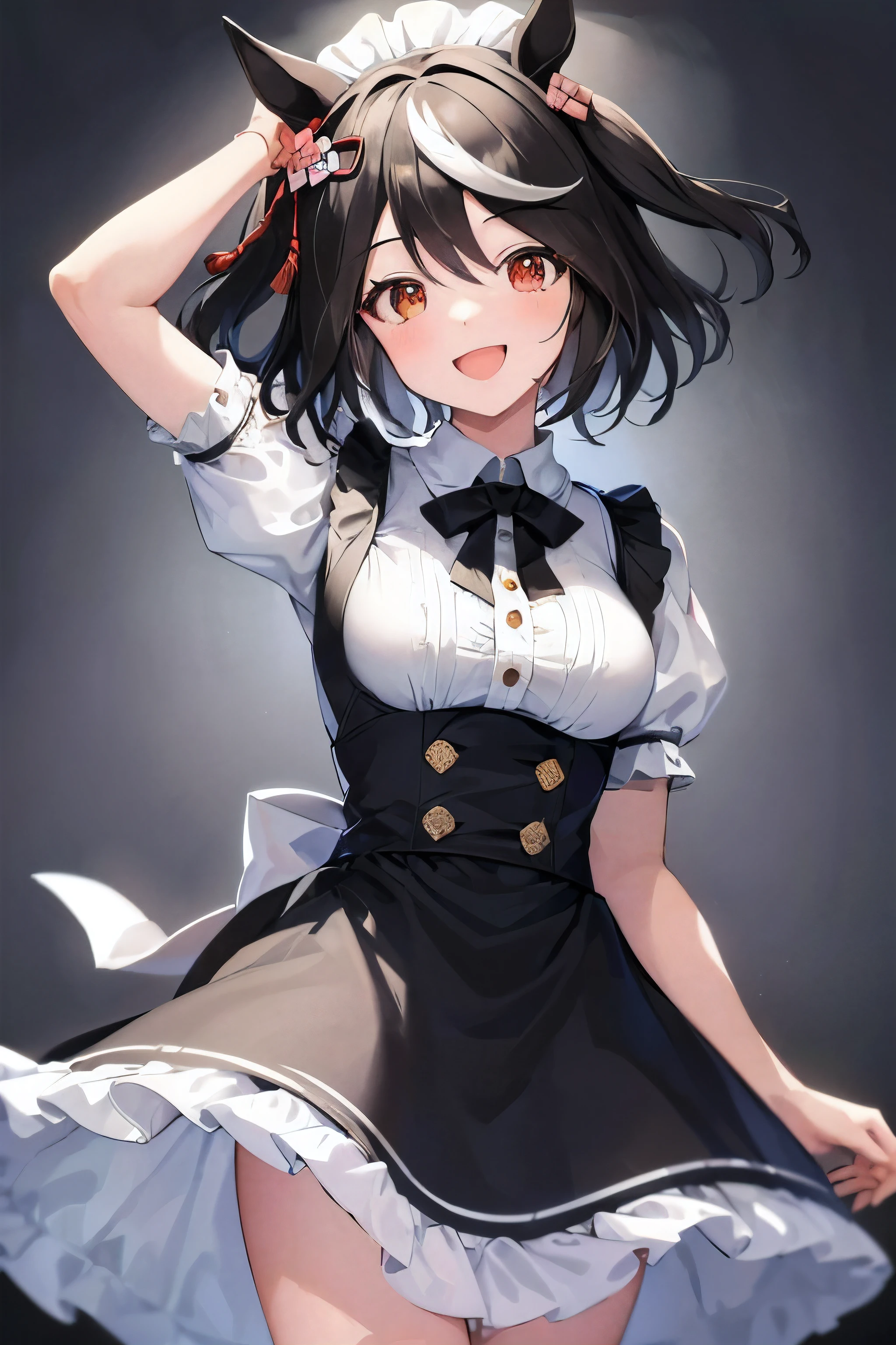 ((masterpiece,highest quality)), confused, Kitasan_black_umamusume,   animal ears, short hair, striped hair, hair ornaments, medium breasts, horse tail, wearing a maid outfit,  alone, smile with open mouth, looking at the viewer, cowboy shot,