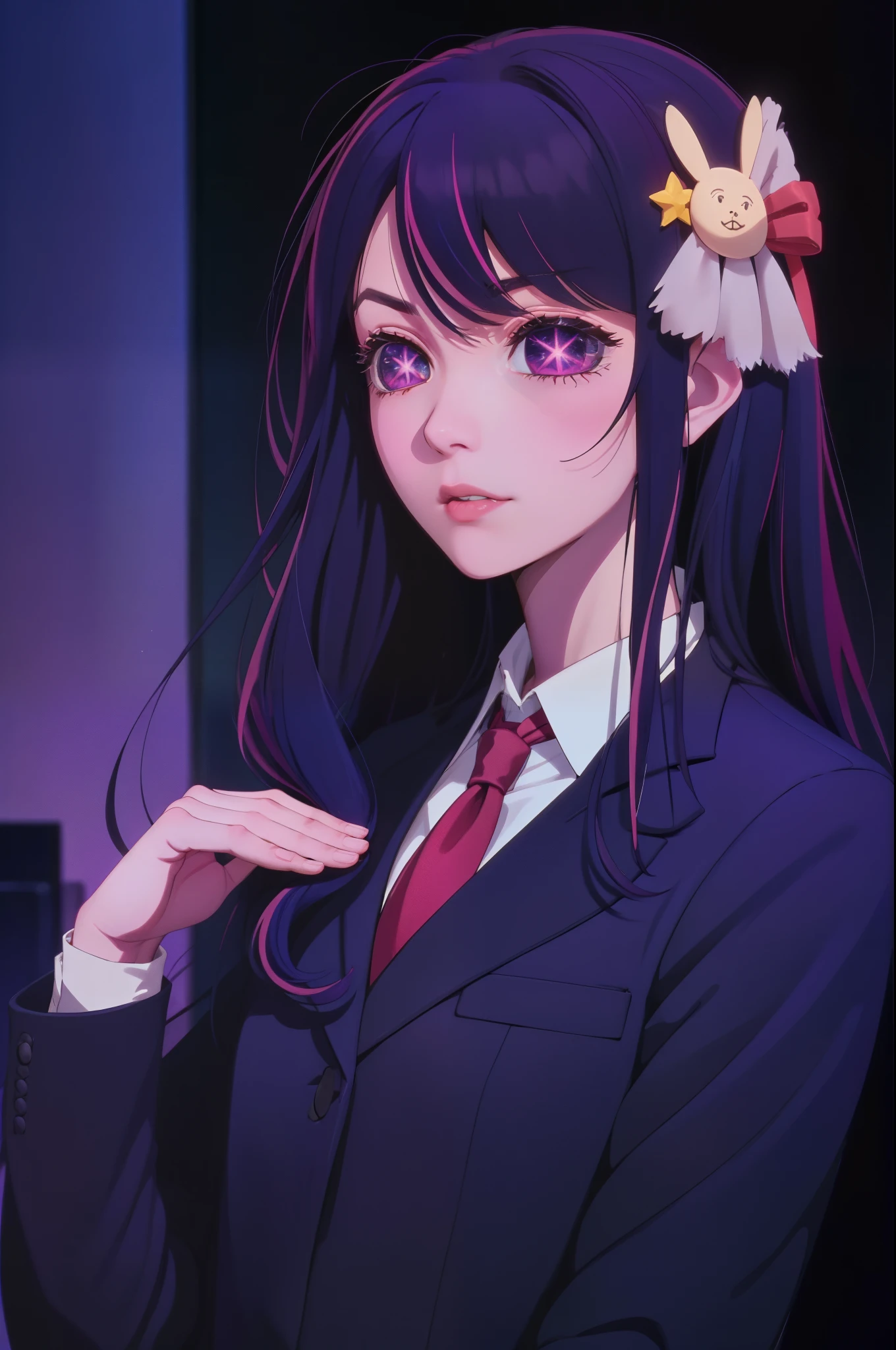 Hoshino Ai, long hair, purple hair, streaked hair ,purple eyes, star-shaped pupils, hair ornament, Business Suit