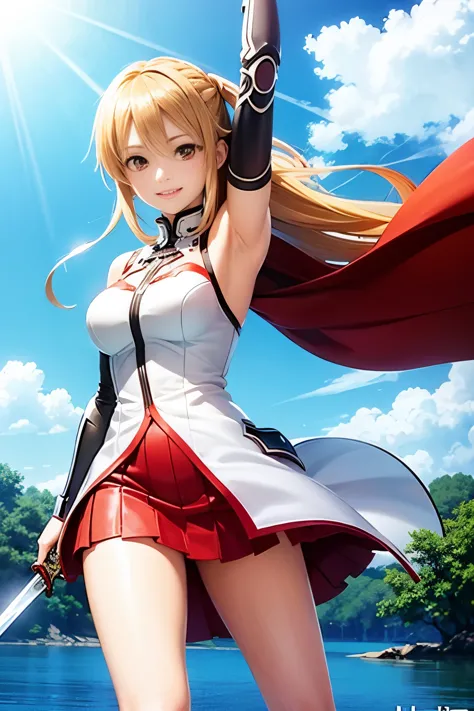 Big Asuna，light smile，Sexy，sword，have a weapon，white dress，armor，floating hair，red skirt，swordで，Arm out，best quality，poster of
