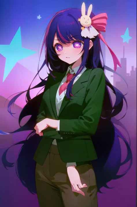 Hoshino Ai, long hair, purple hair, streaked hair ,purple eyes, star-shaped pupils, hair ornament, Business Suit