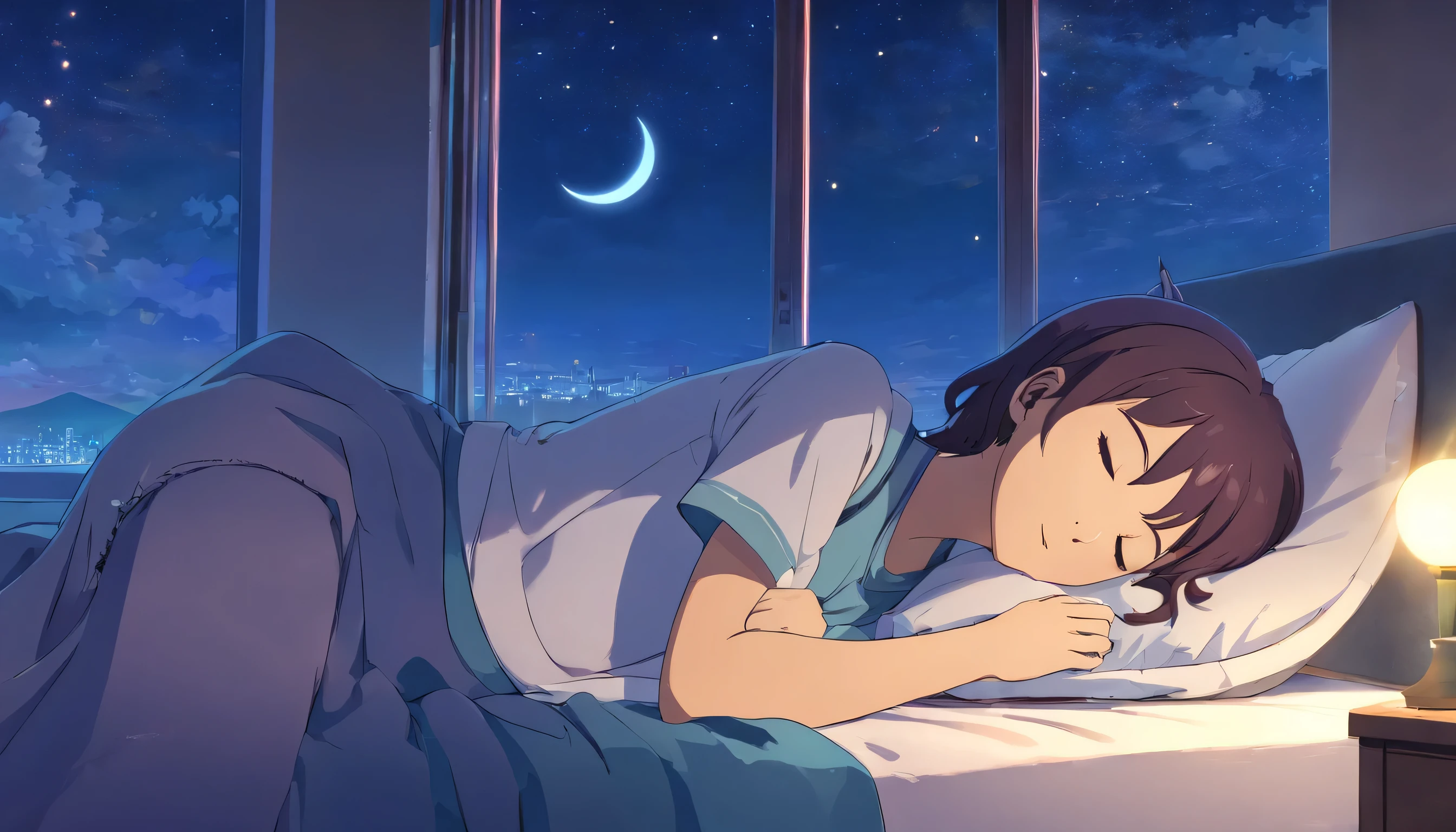 外に夜空が広がるベッドで眠る女性のアニメシーン - SeaArt AI