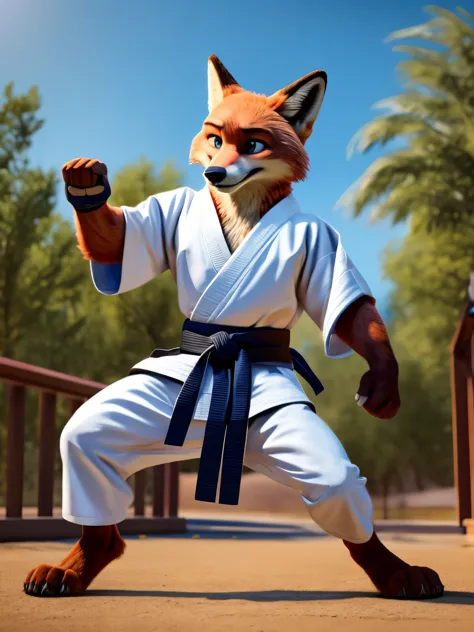 full body picture, full figure image, masterpiece, best quality, soft light, bokeh, real shadow, cinematic, high resolution, Barefoot Nick Wilde wearing dark blue karate kimono with 5th dan black belt, long karate kimono pants, training karate in gym of po...