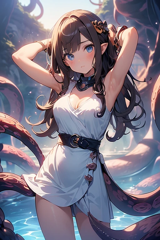 ((masterpiece)), ((best quality)), (ultra-detailed),(in the cave),(monster),(((many tentacles wrap arotnd the body))),a cute girl, 1girl, solo, (white girly dress),((many tentacles bound arms)), ((thin waist)),large breast, slim, slender,beautiful brown hair, beautiful blue eyes, (beautiful eyes), long hair,troubled expressio