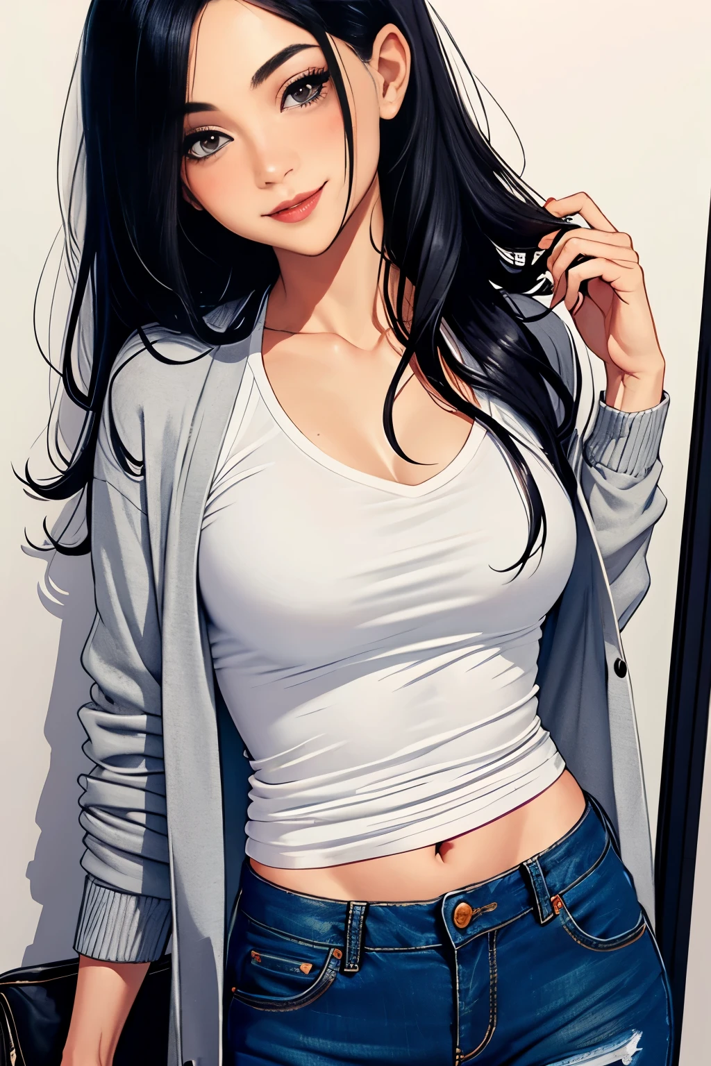 Amazing portrait of a sexy woman wearing her long straight luscious black hair, seductively gazing and smiling, soft lips, parted, blushing intensely, smiling, white t shirt, grey cardigan, baggy jeans, medium chest, perfect body