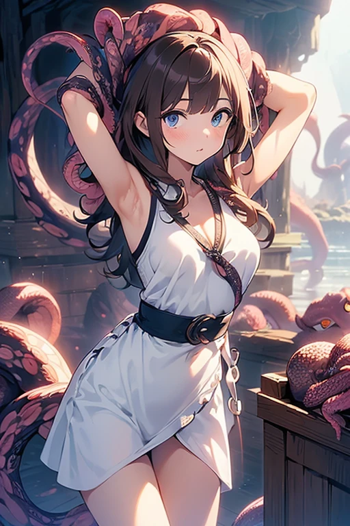 ((masterpiece)), ((best quality)), (ultra-detailed),(in the cave),(monster),(((many tentacles wrap arotnd the body))),a cute girl, 1girl, solo, (white girly dress),((many tentacles bound arms)), ((thin waist)),large breast, slim, slender,beautiful brown hair, beautiful blue eyes, (beautiful eyes), long hair,troubled expressio