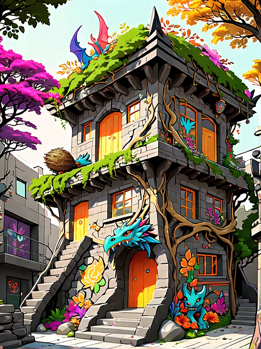 dark underground building，Cute giant dragon，((Sophisticated and beautiful nest:1.5))，The dragon&#39;s lair is made of tree branches，rock，gold coins，arms，shield etc., Colorful flowers and diverse plants, graffiti in the style of Keith Haring,sharpie illustration, Bold lines and solid colors, Simple details, minimalist，\(qline\)