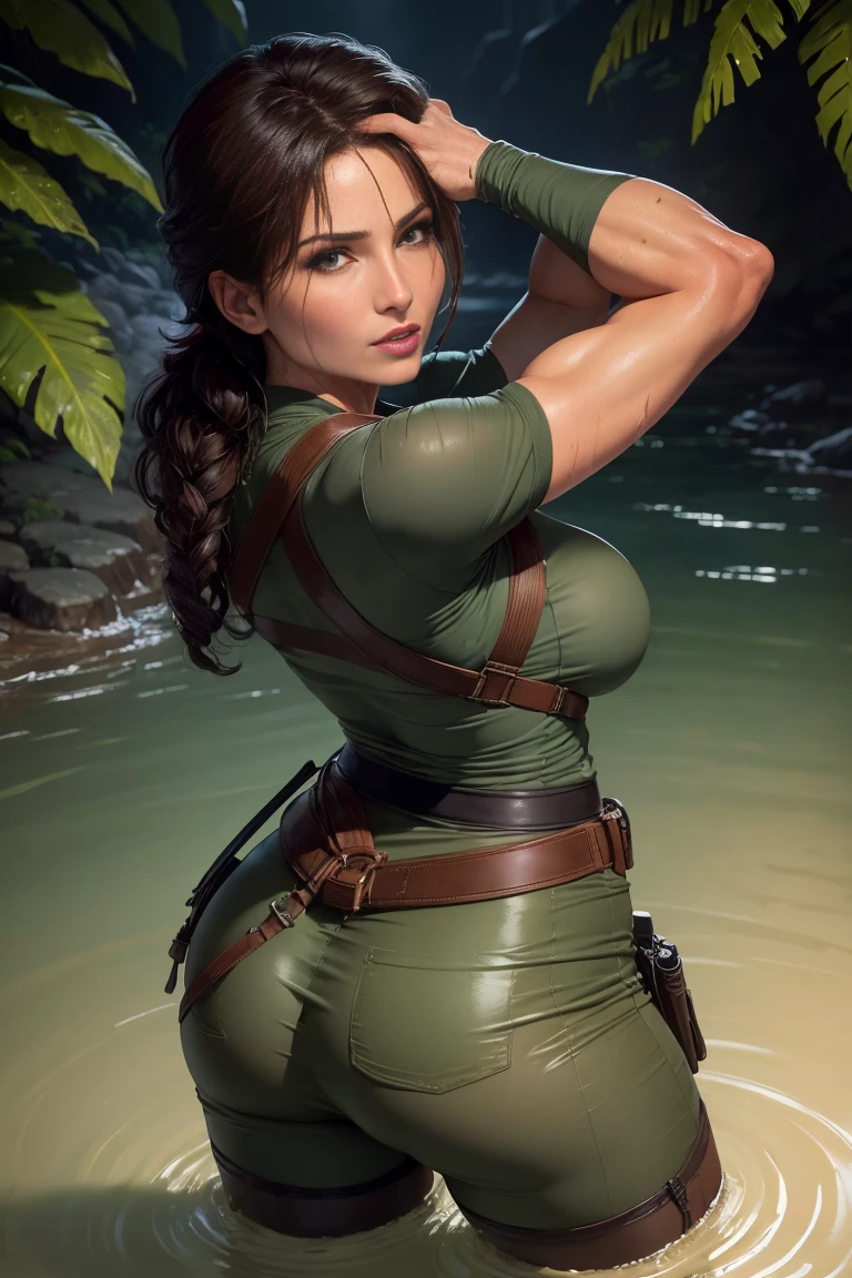  vue à vol d&#39;oiseau. Lara Croft debout jusqu&#39;à la taille dans une rivière dans la jungle la nuit. corps mouillé. vêtements mouillés. Chemise grise transparente mouillée. elle est trempée. cheveux humide. Beau visage. Anatomie parfaite. Les bras à ses côtés. Porter un pantalon kaki moulant. sourire énigmatique. les mamelons