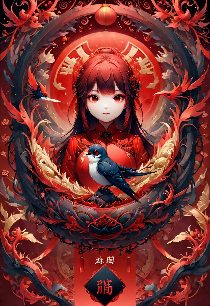 text "china", chinese style nest, swallow, year 2024, zentagle, cinematic, red theme, (best quality, masterpiece, representative...