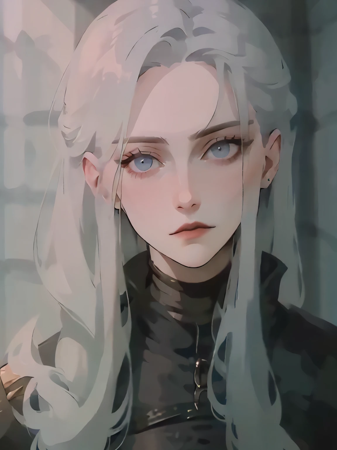 Портрет. Cassandra is a tall young woman with pale skin., gray eyes and white wavy hair with gray streaks, braided into a high ponytail with many small braids. Two strands of hair and asymmetrical bangs go down the sides of the face