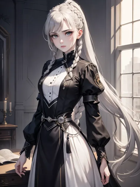 Cassandra is a tall young woman with pale skin, gray eyes and white wavy hair with gray streaks, braided into a high ponytail wi...