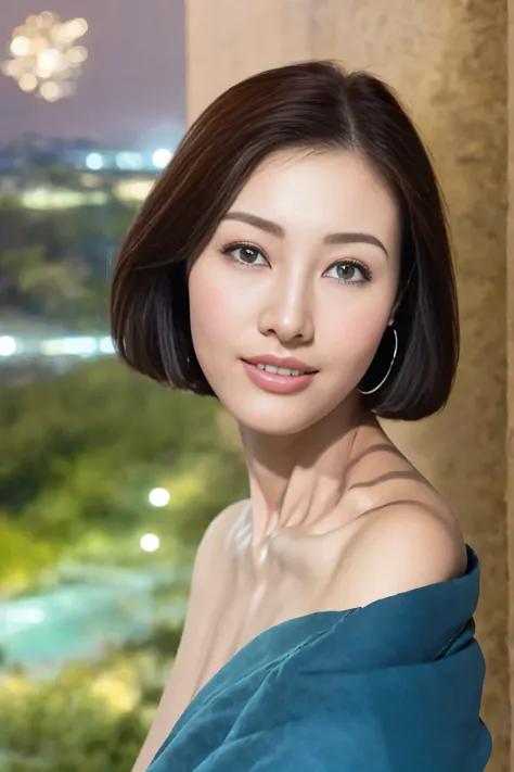 ((night view, realistic light, best quality, 8k, masterpiece: 1.3)), 1 girl, slim: 1.4, brown hair, (big deal: 1.3), off-shoulde...