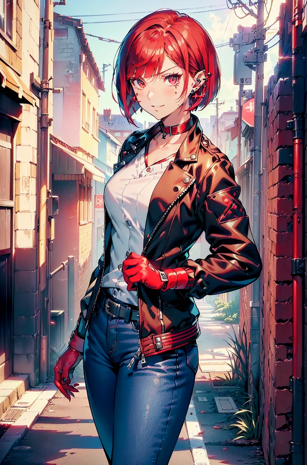 in the art style of persona5 and in the art style of street of rage 4, delinquent, (sukeban), mature_female, blush, mature, older woman, 25 years old, Sukeban teacher outfit, ((((1girl, solo female, solo, solo focus:1,9)))++++, choker, sukeban teacher, sukeban fighter, long_sleeves, open jacket, blue jacket,( jean)+++, light skin tone female, (full body)+++++, jacket, biker jacket, tape, arm_support, gloves, red_gloves, bridal gauntlets, nail polish, boots, black_footwear, fighter outfit, (full body)+++++++, hourglass, mature face, cheeky smile, cheeky face, wrinkles, (((((red hair, short hair, bob cut, earrings, ear piercings)))), red eyeighting art, Martial arts, standing, fighting_stance, fight, fighting), extra colors, 2D, megapixel, perfectionism, accent lighting, full HD , (Masterpiece:1.2), (full-body-shot:1),(cowboy shot:1.2), (Highly detailed:1.2),(anime Detailed Face:1.2), Colorful, A detailed eye, (Detailed landscape:1.2), (natural lighting:1.2), ((sukeban school teacher)) by Vincent Di Fate: Aidyllery, Anamorphic Shot, rule of thirds, face by Artgerm and WLOP, ((street of rage 4 city backround)), fictive city backround in the style art of street of rage 4,