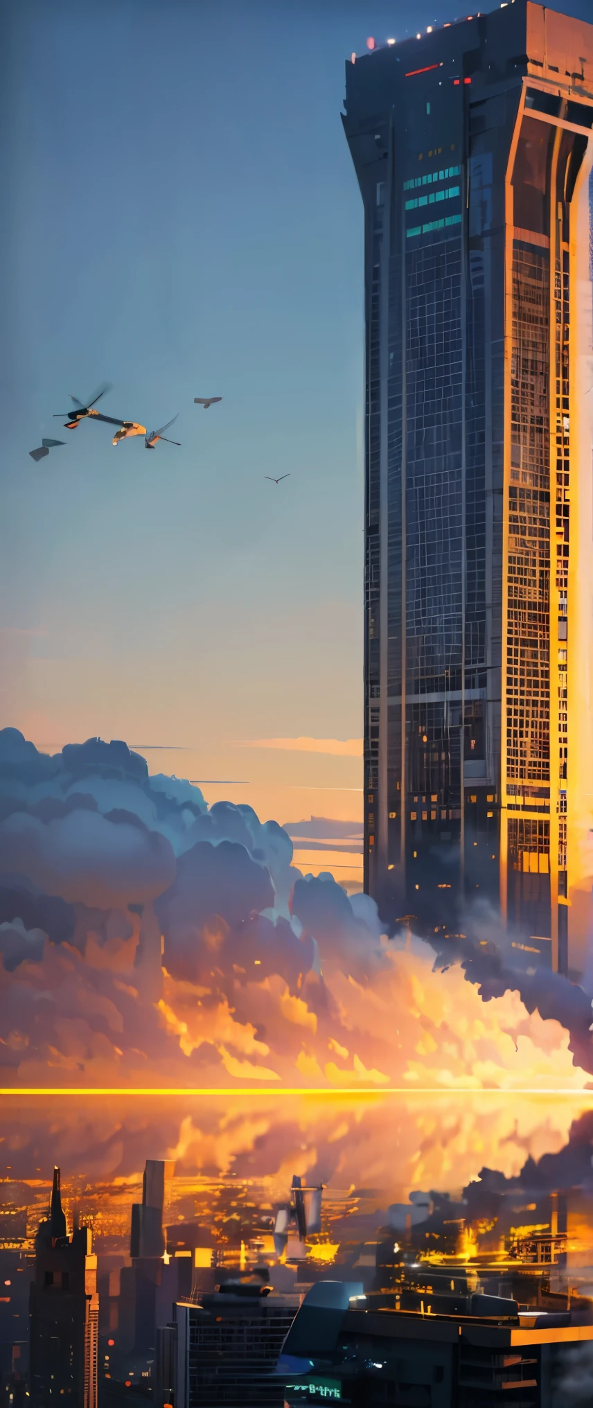 ((最高影像品質, 傑作, 最高影像品質, 8K)), ((风景摄影)), 紐約的一座摩天大樓, 巨大的塔壁上結出一個巨大的繭, 一個巨大的馬蜂窩, 攻擊直升機將其包圍, 